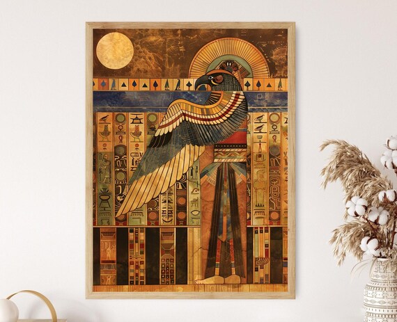 Horus Falcon God with Spread Wings Under Moon Disc Art Poster