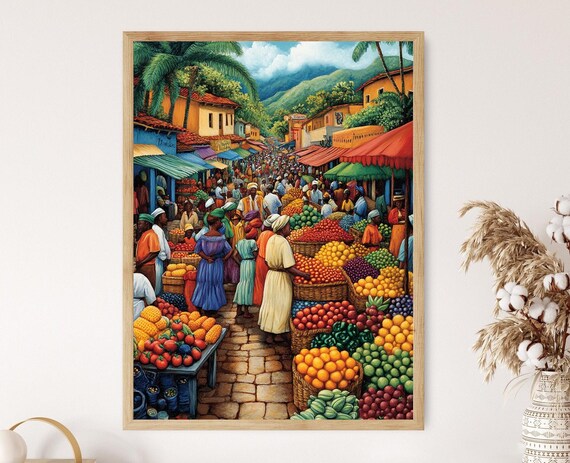 Congo Marketplace Illustration Colorful Farm Market Painting African Fruit Art Wall Art For Kitchen African Restaurant Decor