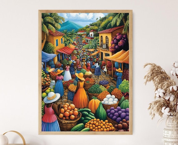 Chad Marketplace Illustration Colorful Farm Market Painting African Fruit Art Wall Art For Kitchen African Restaurant Decor