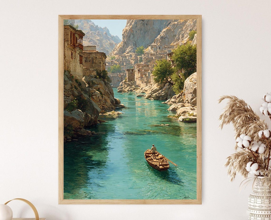 Turquoise Mountain River Gorge Wooden Boat Village Art Poster