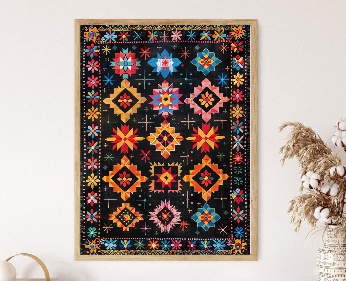 Intricate Bulgarian Embroidery Pattern Art Geometric Shapes Print Vibrant Folk Motifs Artwork