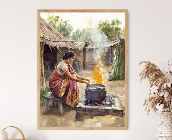 Bengali Woman Cooking Traditional Outdoor Clay Stove Watercolor Poster