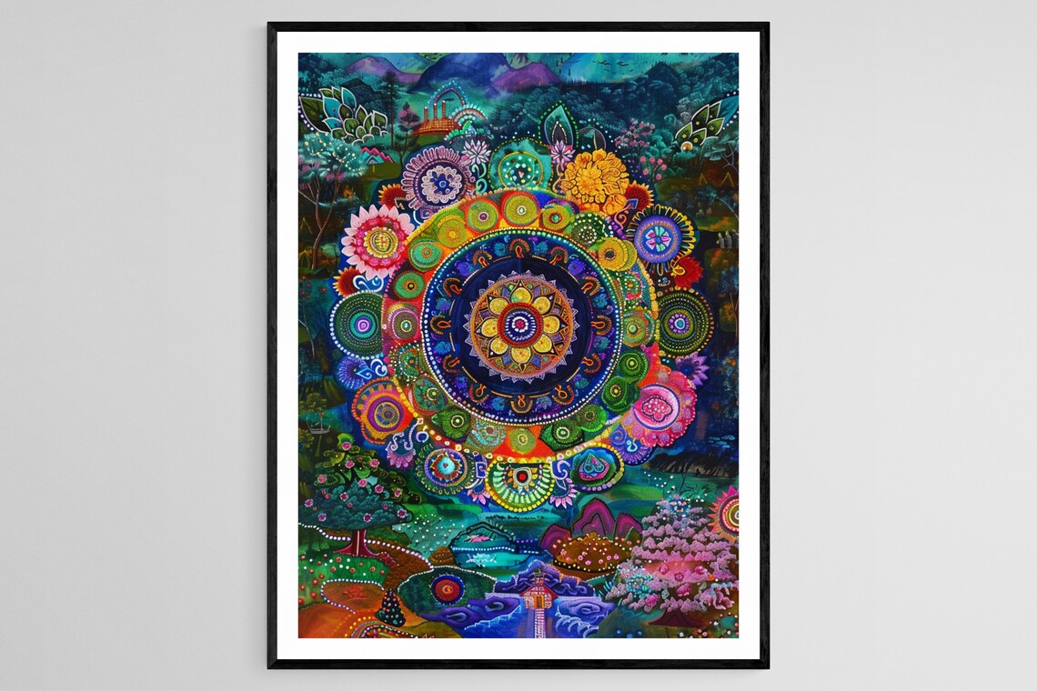 Colorful Tibetan Mandala Floral Folk Painting Vibrant Thangka Style Poster