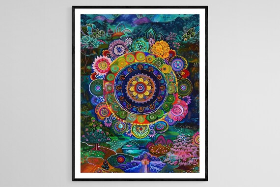 Colorful Tibetan Mandala Floral Folk Painting Vibrant Thangka Style Poster