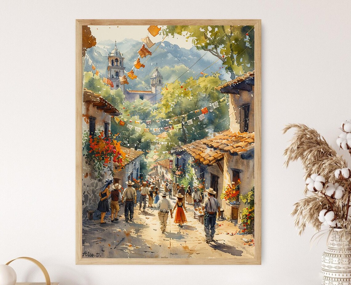 Fiesta In A Mexican Village, Watercolor Art Print