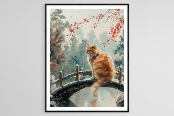 Graceful Cat On A Japanese Bridge Serene Traditional Artwork
