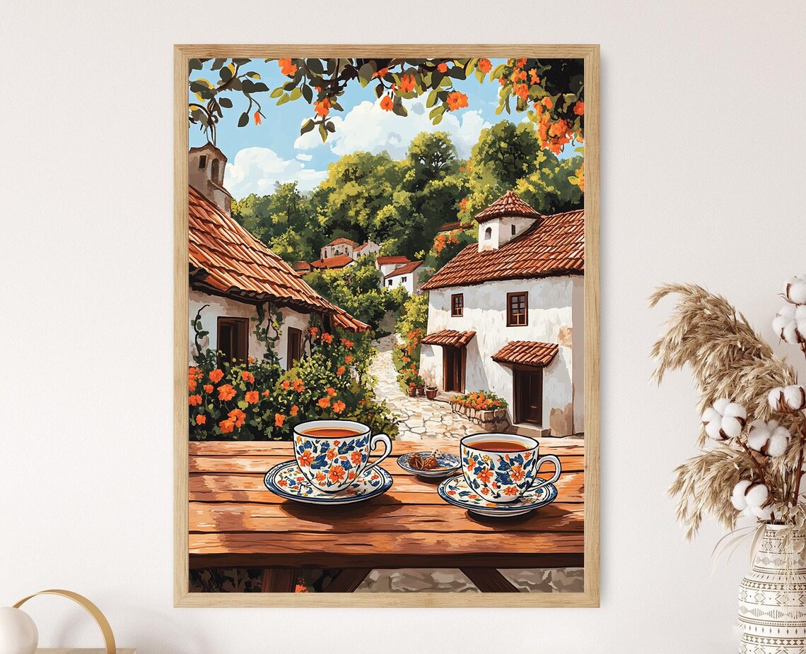 Romanian Tea Set Art Print Village Courtyard Decor Poster