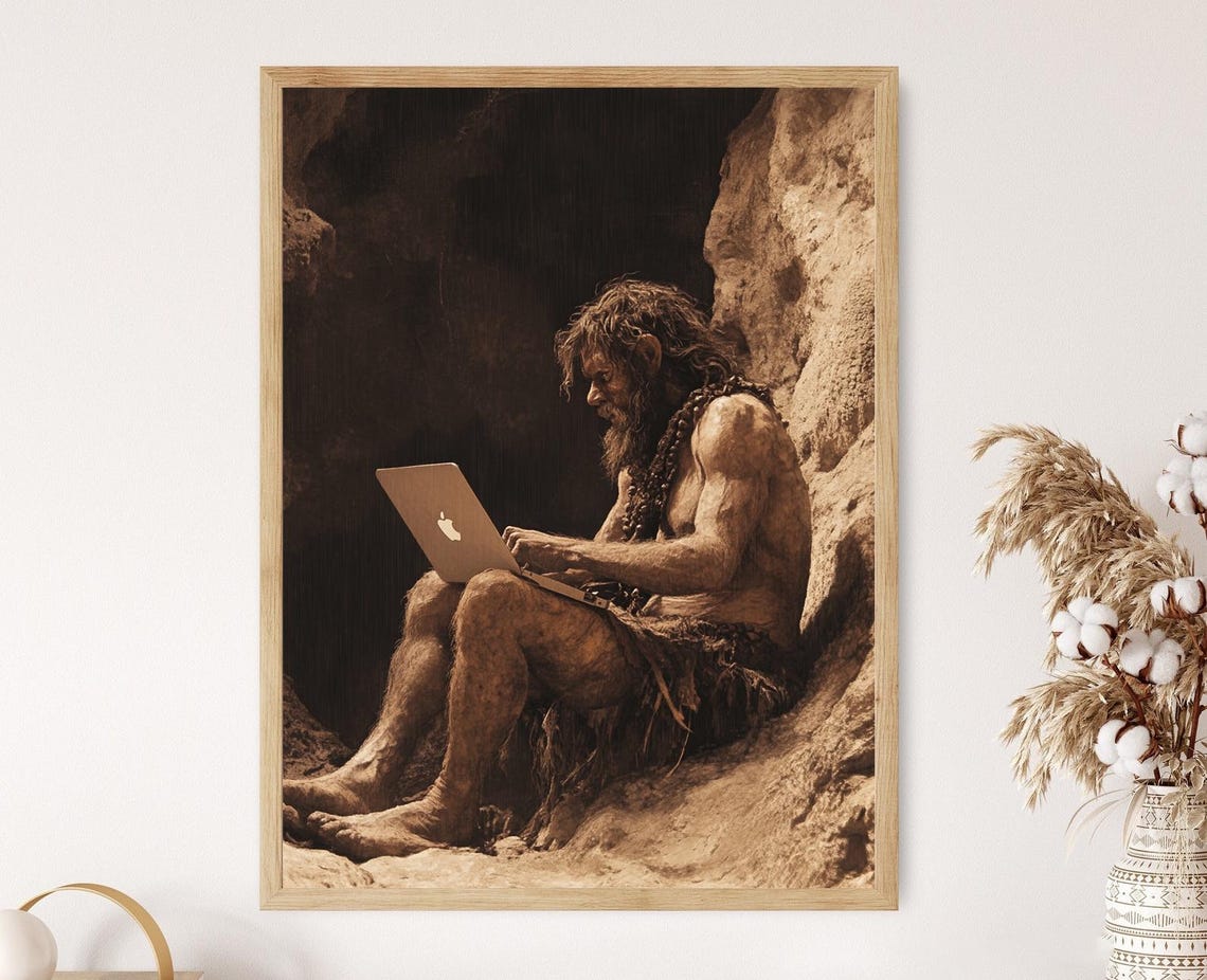 Homo Sapien Using His Laptop Art Print Funny Evolution Poster