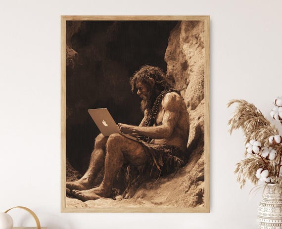 Homo Sapien Using His Laptop Art Print Funny Evolution Poster