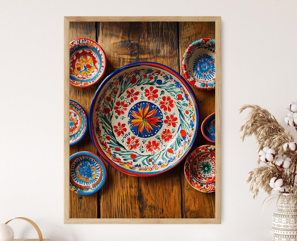 Talavera Pottery Bowls Rustic Wood Table Still Life Painting Poster