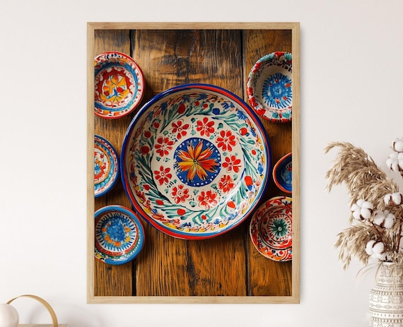 Talavera Pottery Bowls Rustic Wood Table Still Life Painting Poster