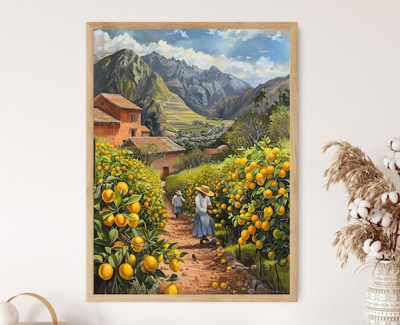 Peruvian Lemon Orchard Painting Farmers Picking Lemons Traditional Andean Hats And Mountainous Backdrop