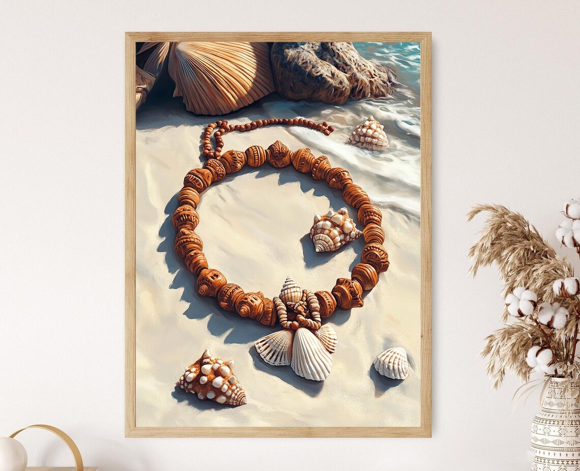 Jamaican Taino Necklace Art Print, Seashells and Wooden Beads
