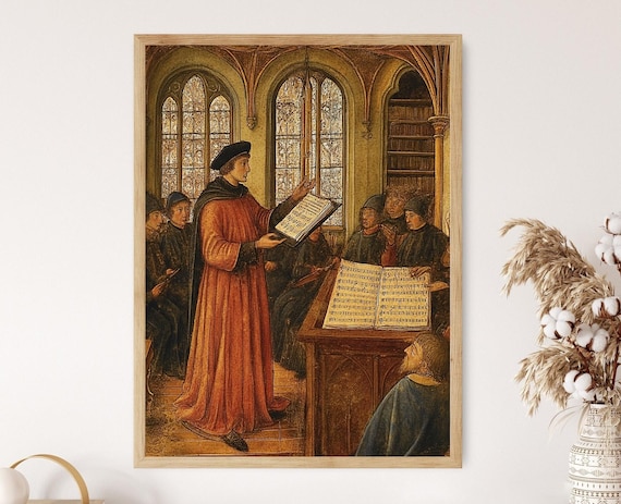 Medieval Music Master Teaching Choir In Gothic Hall Manuscript Art Poster