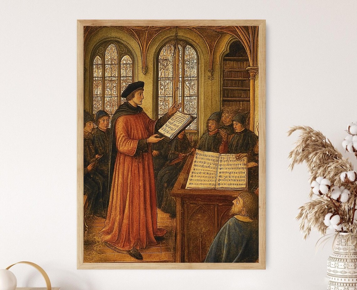 Medieval Music Master Teaching Choir In Gothic Hall Manuscript Art Poster