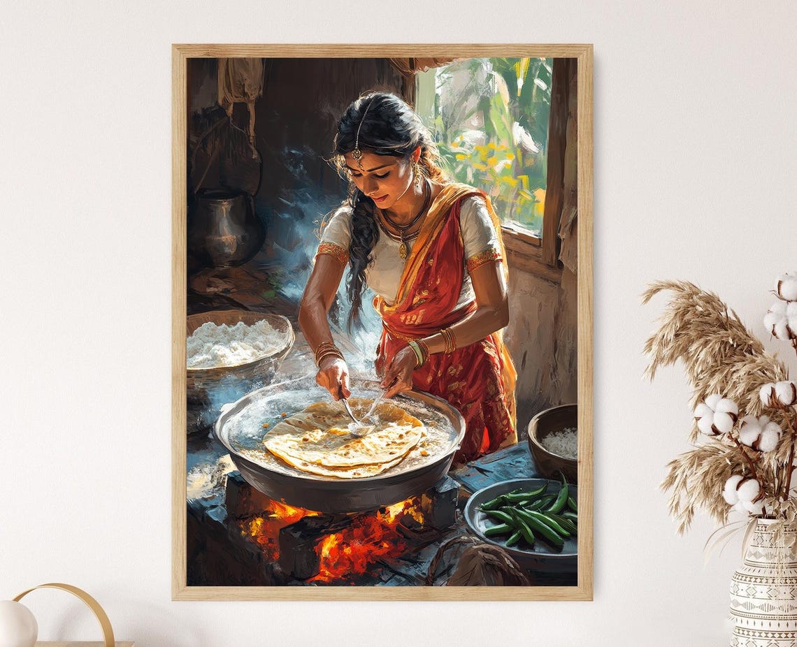 Aloo Paratha Cooking Art Print Rustic Indian Restaurant Decor