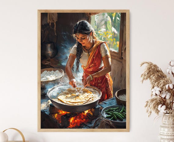 Aloo Paratha Cooking Art Print Rustic Indian Restaurant Decor