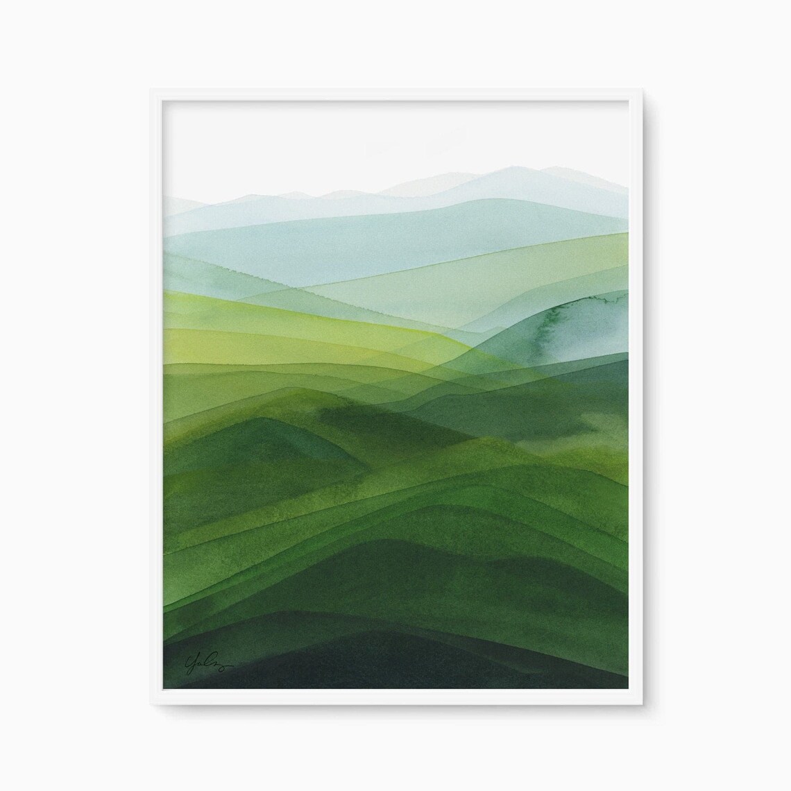 Green Rolling Hills Watercolor Landscape Art Print
