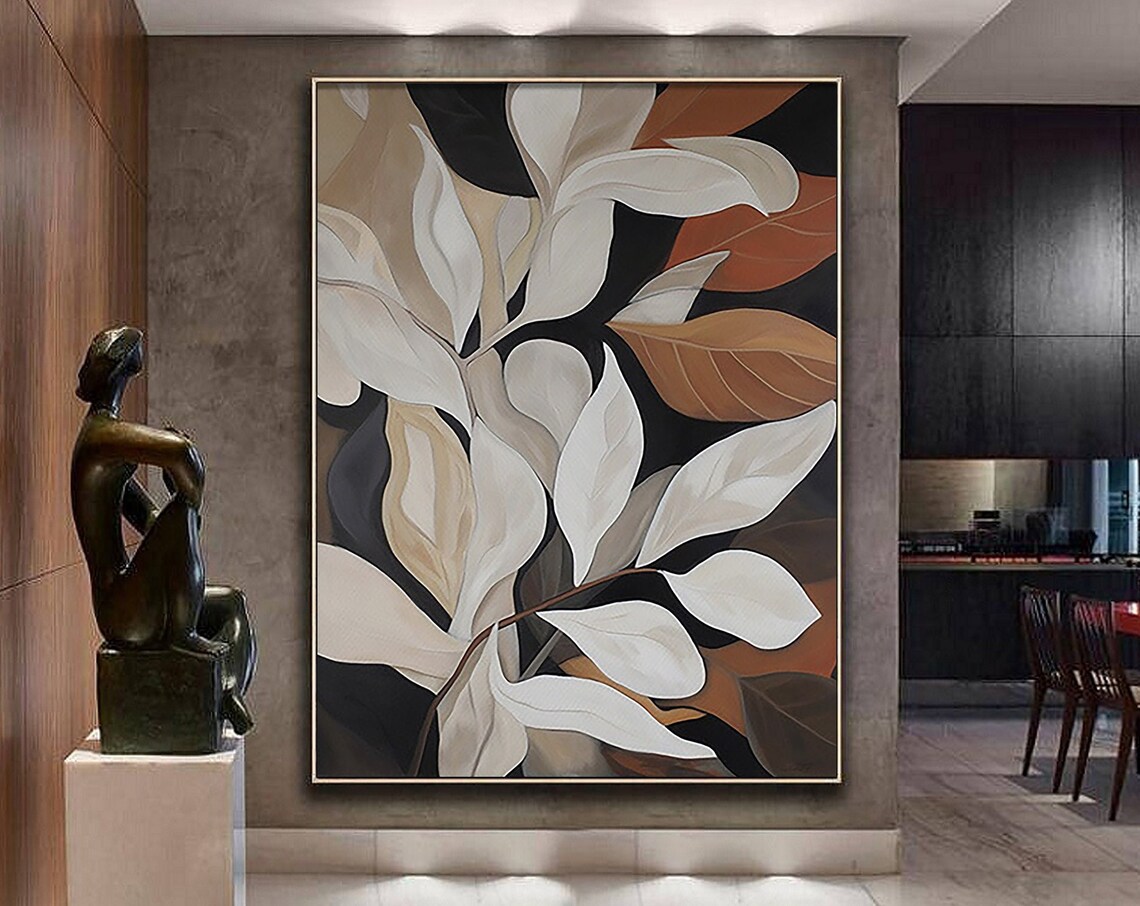 Ivory and Copper Leaves on Black Dark Botanical Painting Poster
