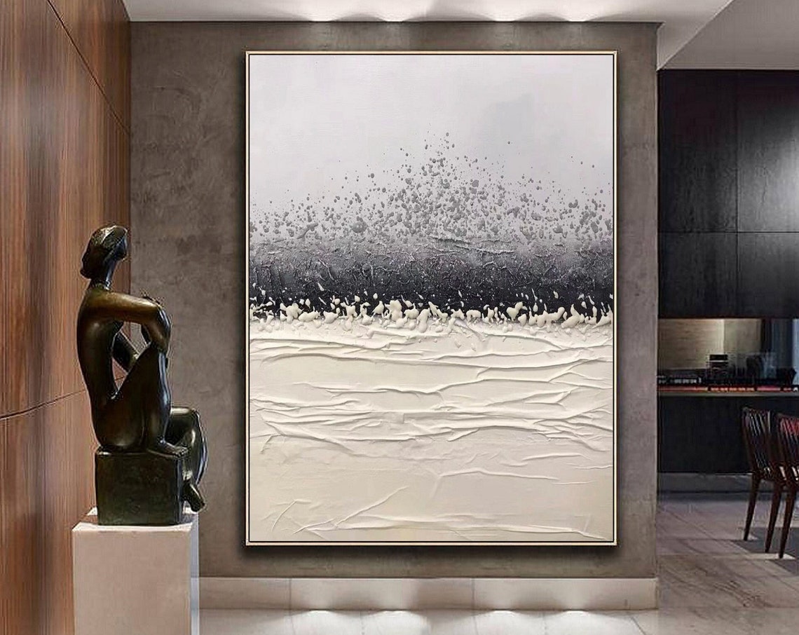 Stormy Black Band Over White Waves Textured Abstract Neutral Poster