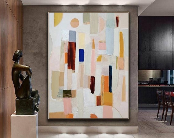 Neutral Color Abstract Painting Large Modern Palette Knife Texture Colorful Abstract Wall Art Oversize Framed Oil Painting Artwork