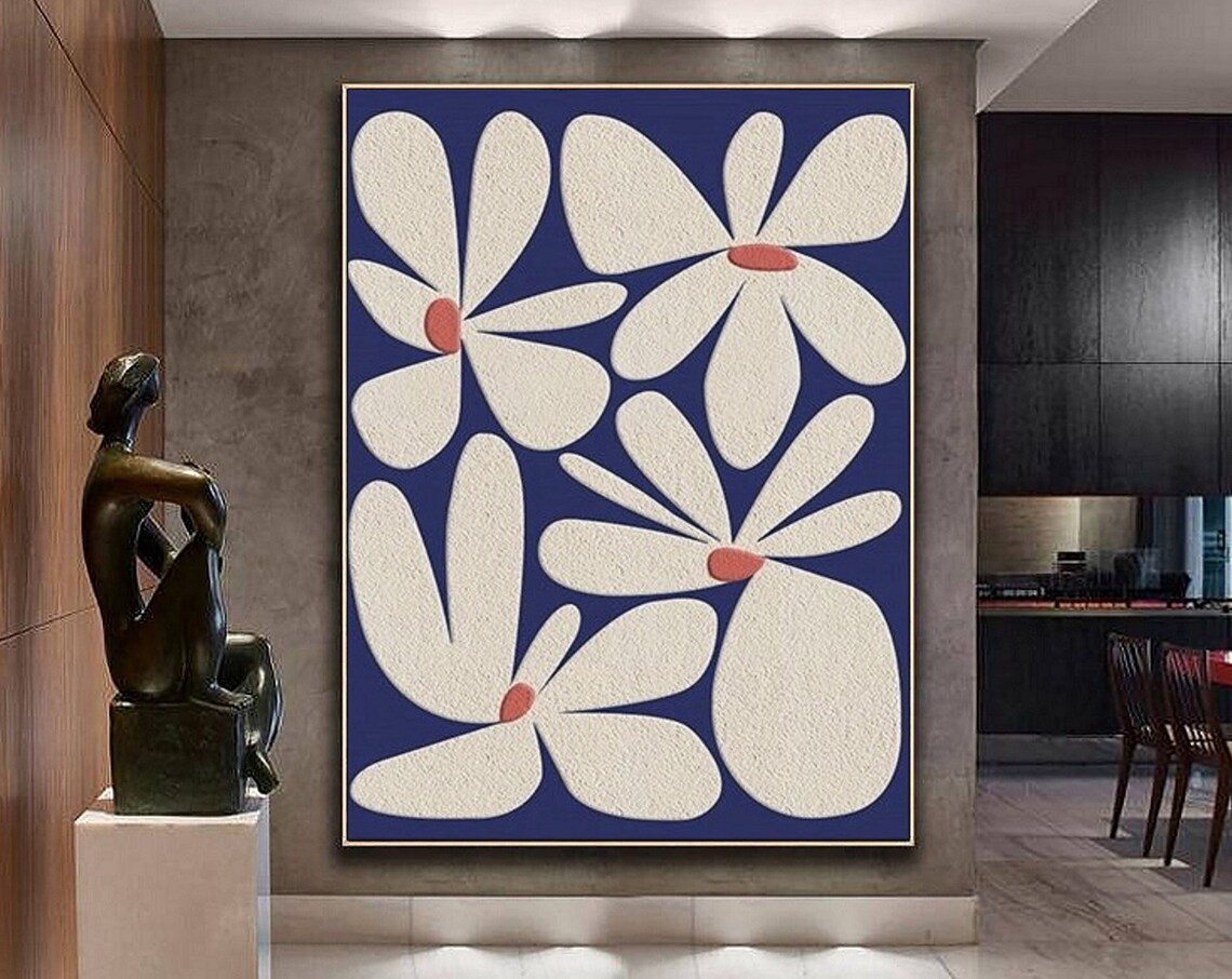 White Stylized Flowers with Coral Centers on Navy Modern Floral Poster