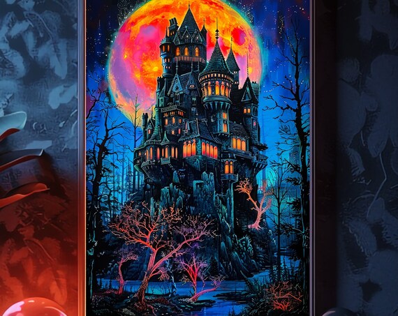 Gothic Castle Beneath a Giant Blood-Red Moon Fantasy Horror Poster