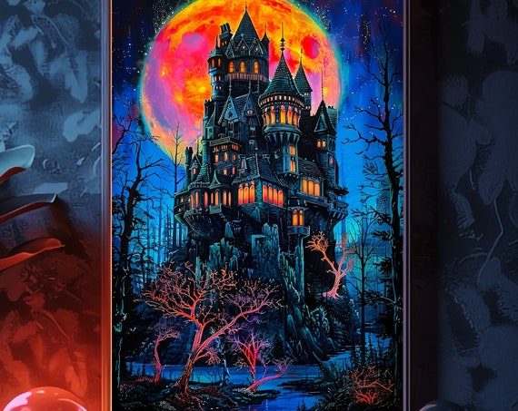 Maximalist Gothic Castle Art Poster Vibrant Draculas Castle Black Light Wall Art For Home Decor Colorful Fantasy Full Moon Art Print