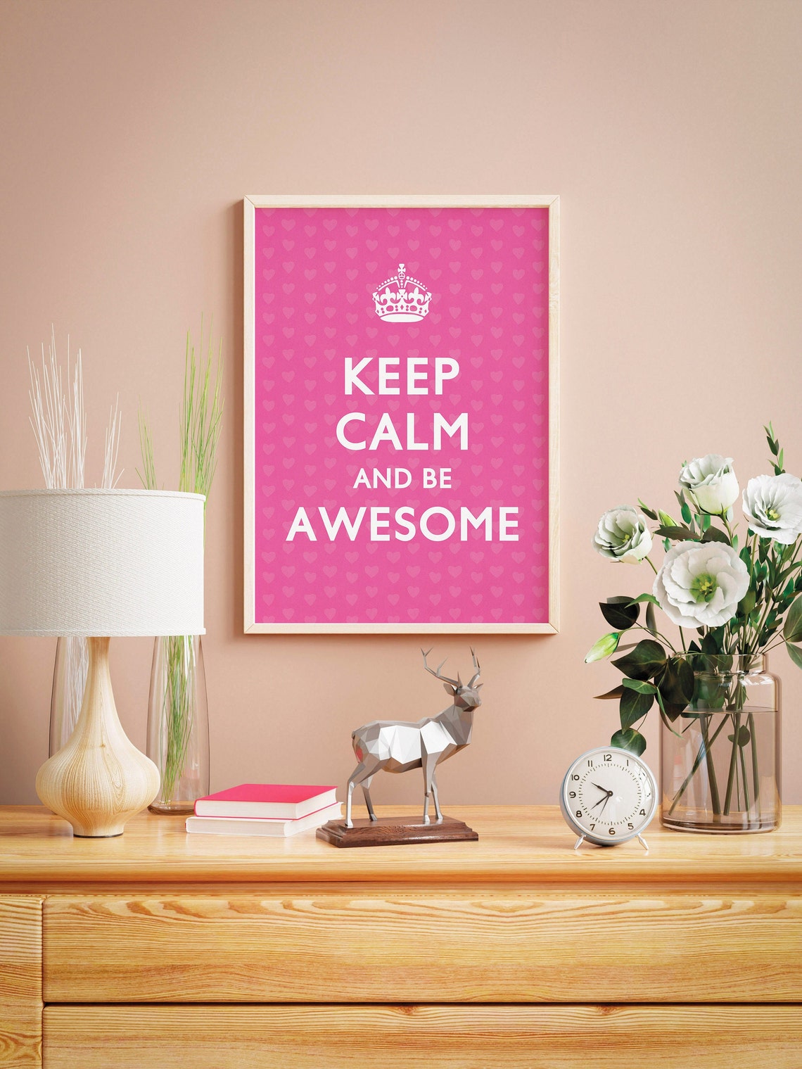 Keep Calm and Be Awesome Pink Heart Quote Poster With Crown Design - Image 2