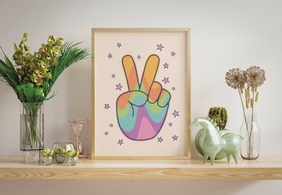 Rainbow Wall Art Positive Poster Retro Indie Art Print Peace Sign By Hand Colorful Wall Art Product To Print At Home