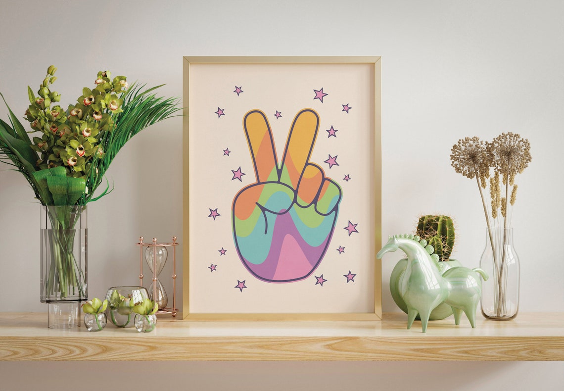 Rainbow Peace Sign Hand with Pink Stars Retro Indie Wall Art