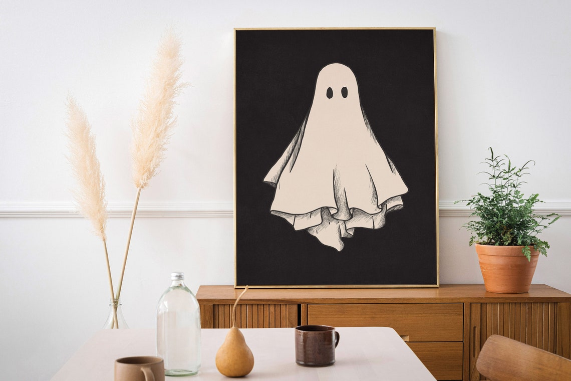 Cute Sheet Ghost on Black Background Halloween Spooky Decor Poster - Image 2