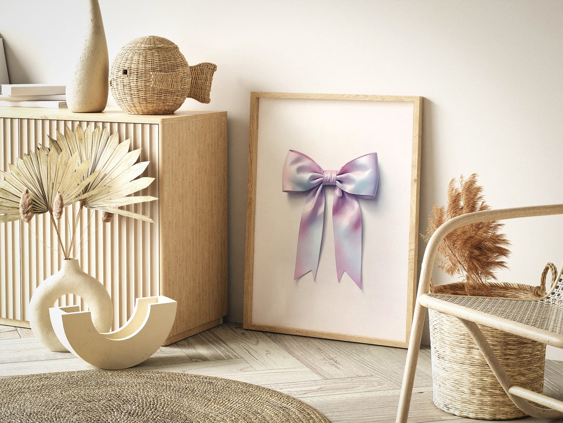 Pastel Pink Iridescent Satin Ribbon Bow Flat Lay Style Art Poster - Image 2