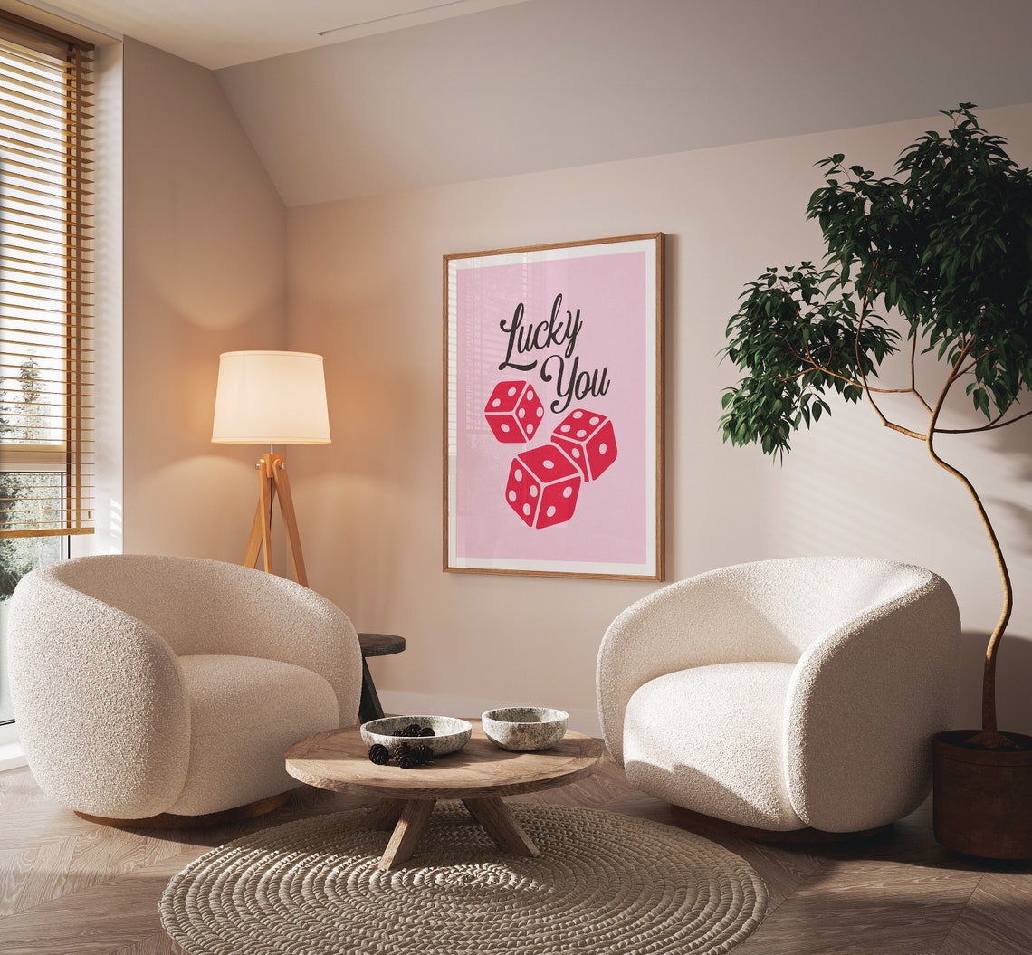 Lucky You Pink Retro Red Dice Fun Playful Minimalist Wall Art - Image 2