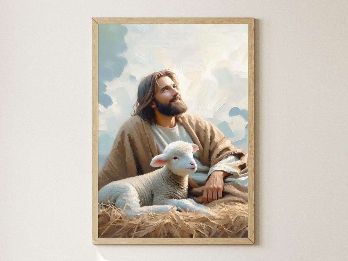 Jesus Seated with Lamb Looking to Heaven Watercolor Art Poster