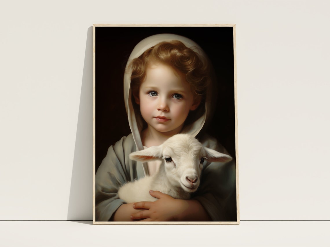 Child Jesus With Lamb Dark Classical Portrait Reverent Art Poster