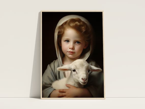 Child Jesus With Lamb Dark Classical Portrait Reverent Art Poster