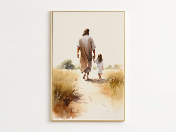 Jesus Christ Holding Child Hand Wheat Field Watercolor Faith Art Poster