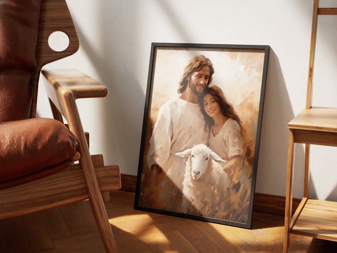 Jesus Christ and Woman Golden Field Lamb Painting Faith Gift Poster - Image 4