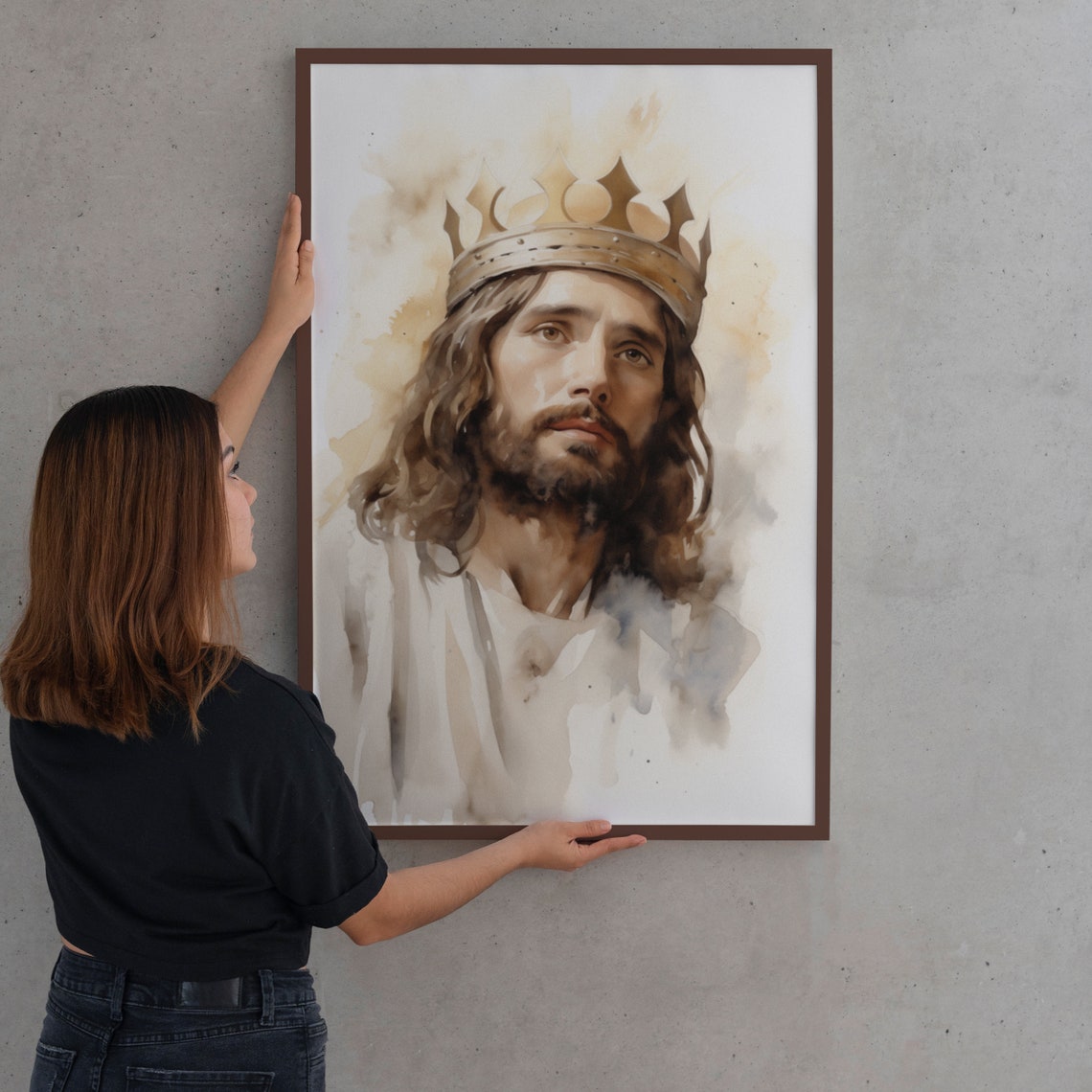 Jesus Christ Wearing Crown King of Kings Watercolor Art Poster - Image 2