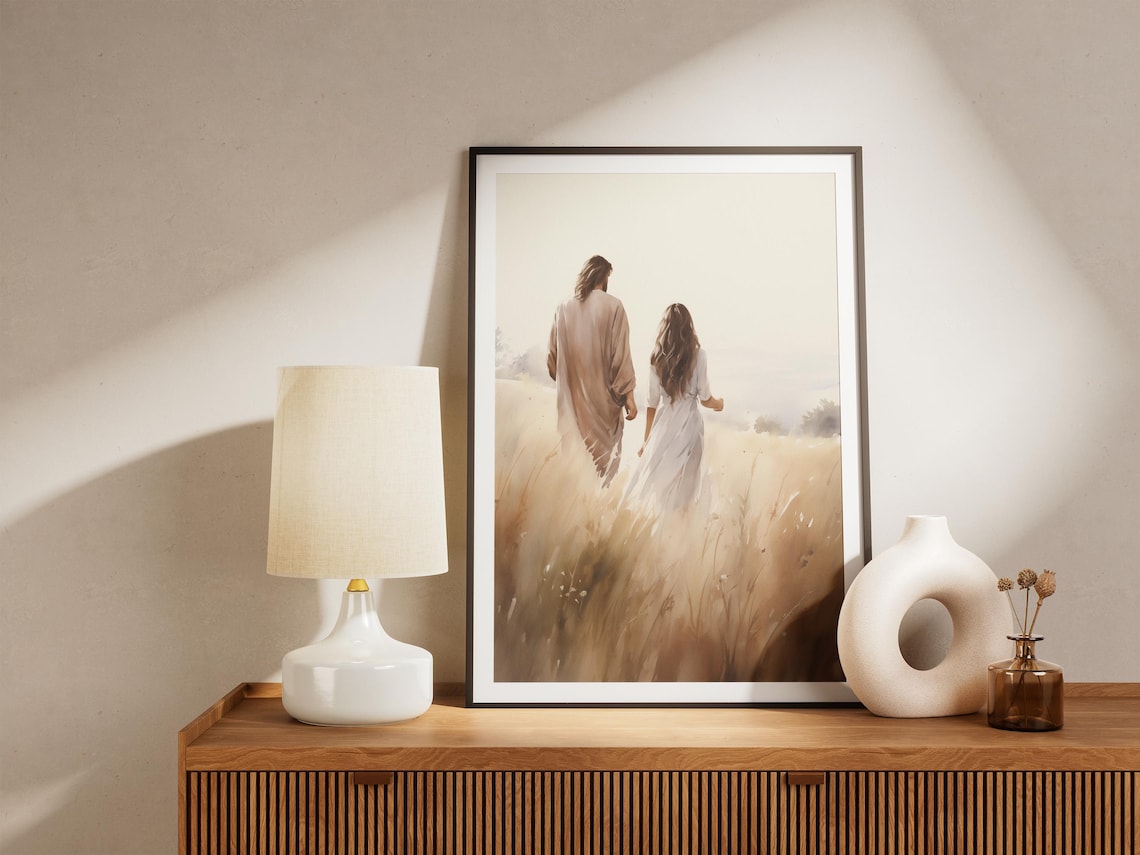 Jesus Walking With A Woman Christian Watercolor Art Print - Image 4