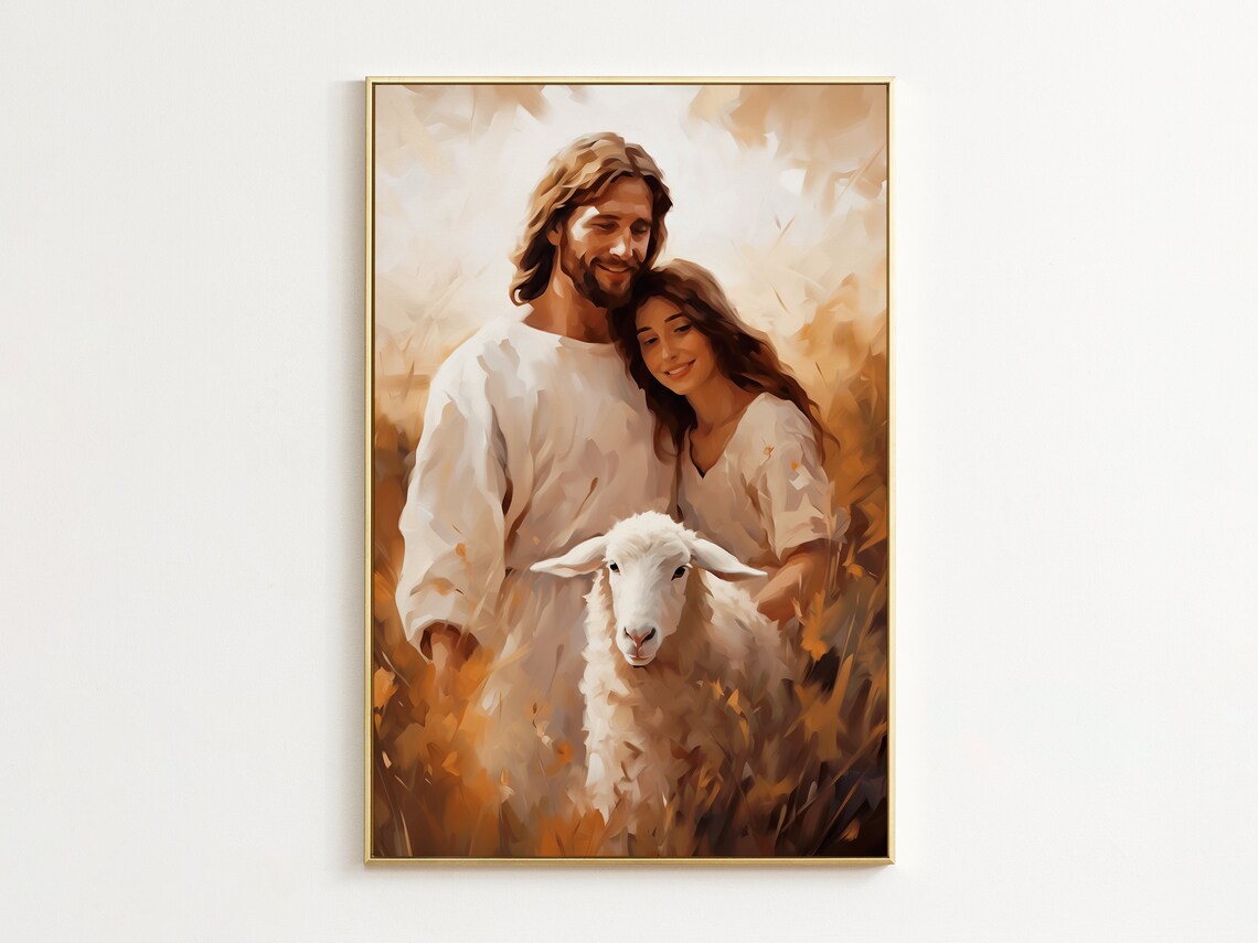 Jesus Christ and Woman Golden Field Lamb Painting Faith Gift Poster