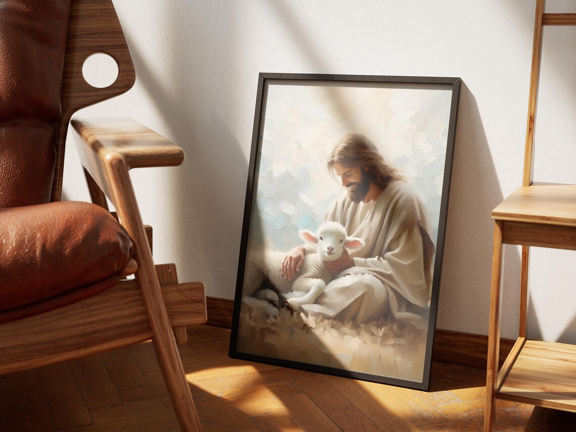 Jesus Kneeling with White Lamb Gentle Christian Oil Art Poster - Image 2