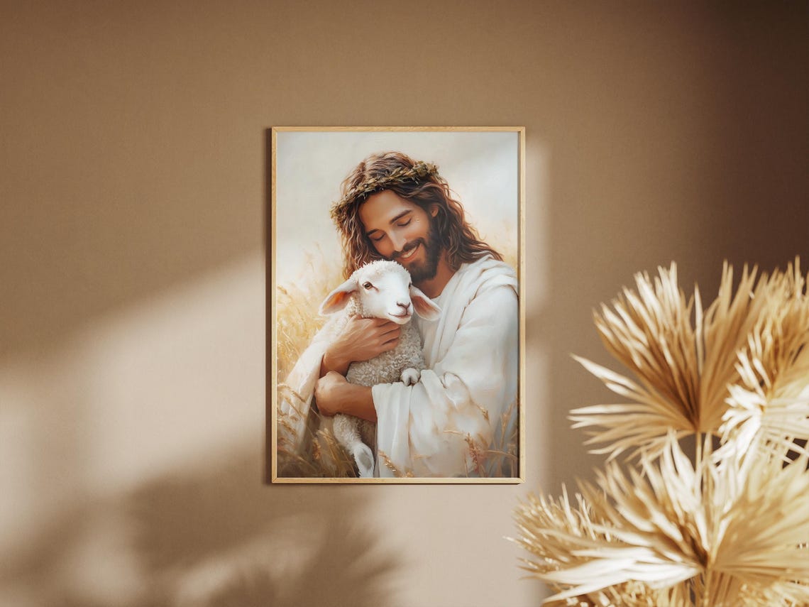 Jesus Christ Good Shepherd White Robes Lamb Wheat Field Art Poster - Image 3