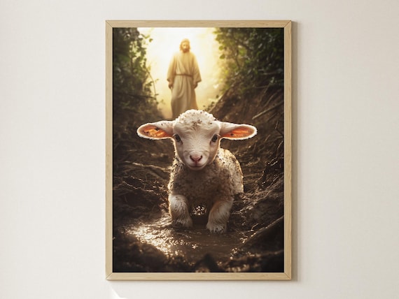 Lost Sheep Lamb Running to Jesus Light Parable Christian Art Poster