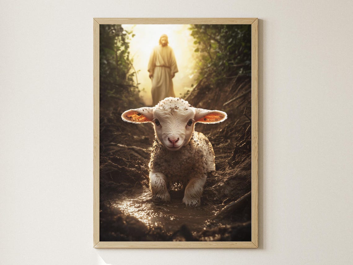 Lost Sheep Lamb Running to Jesus Light Parable Christian Art Poster