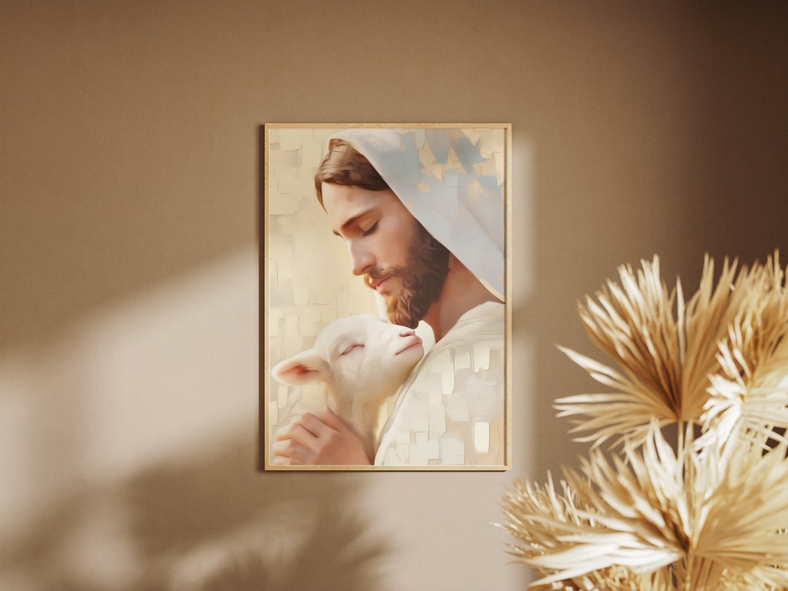 Jesus Christ Resting Lamb on Shoulder Pastel Painting Peaceful Poster - Image 3