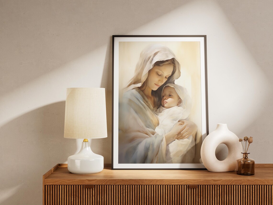 Mary Holding Baby Jesus Soft Watercolor Christian Art Poster - Image 4