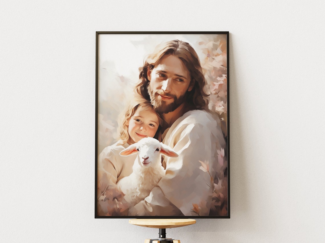 Jesus With Child and Lamb Gentle Glowing Painterly Art Poster - Image 2