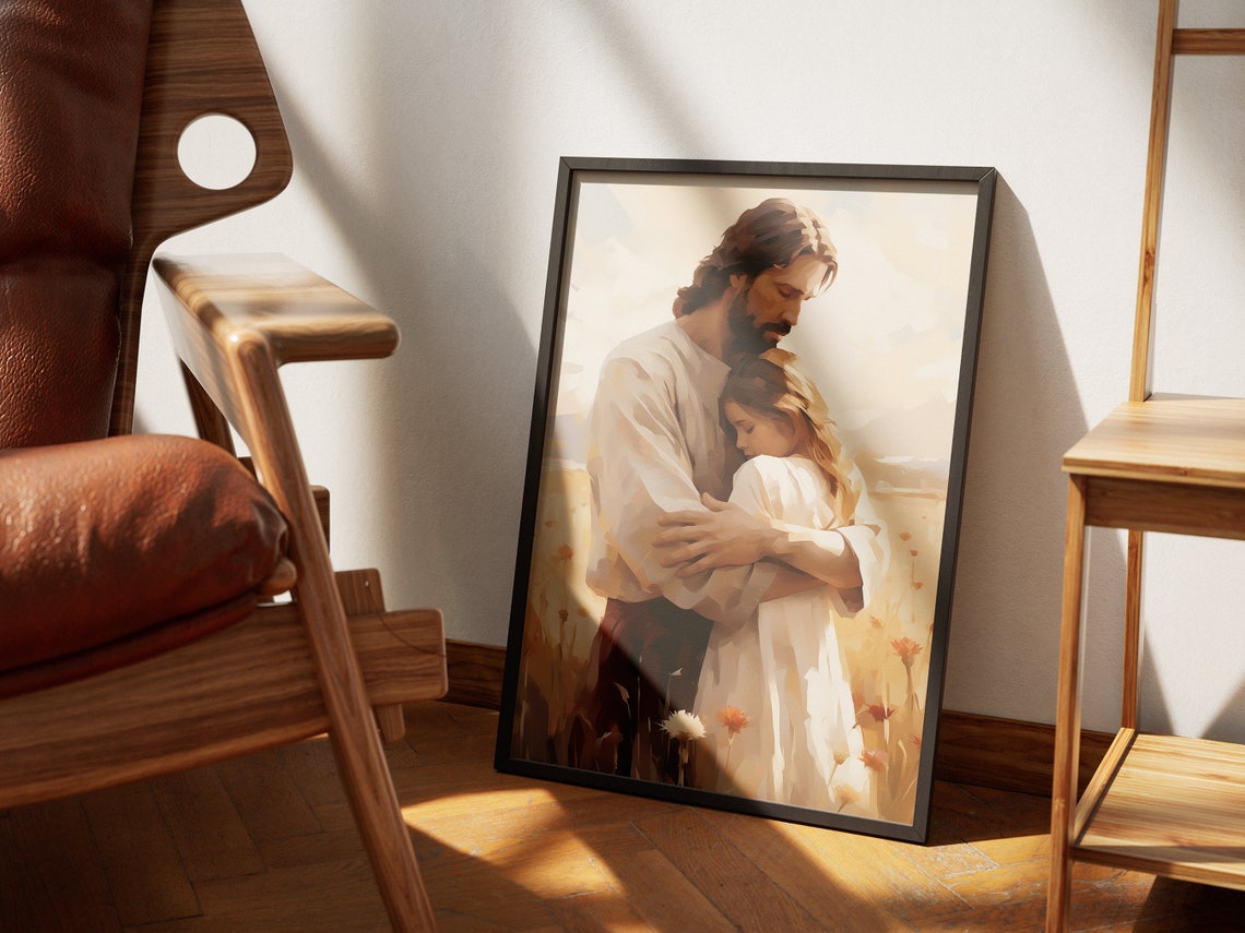 Jesus Hugging Little Girl in Wildflower Field Painterly Art Poster - Image 4